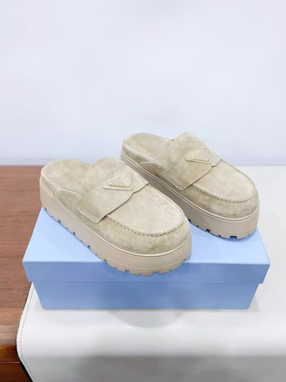 Prada Beige Suede Platform Mule Slides
